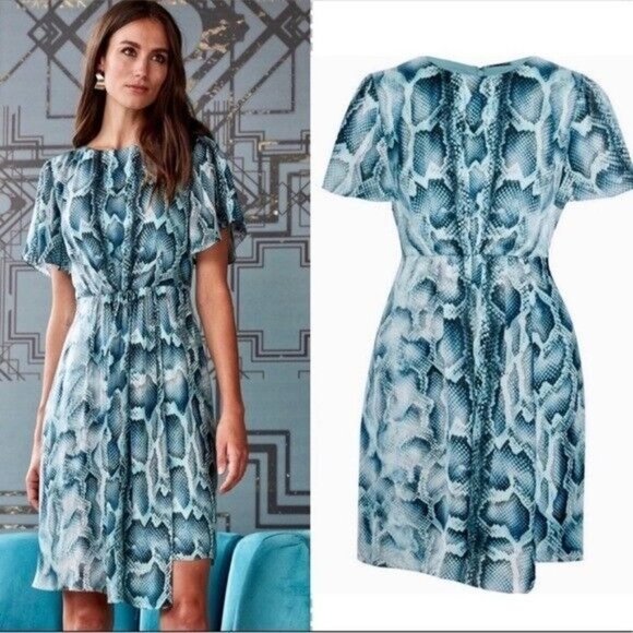 Elie Tahari Dia Gathered Snake-Print Silk-Satin Mini Dress Turquoise Size 4 - Picture 14 of 15